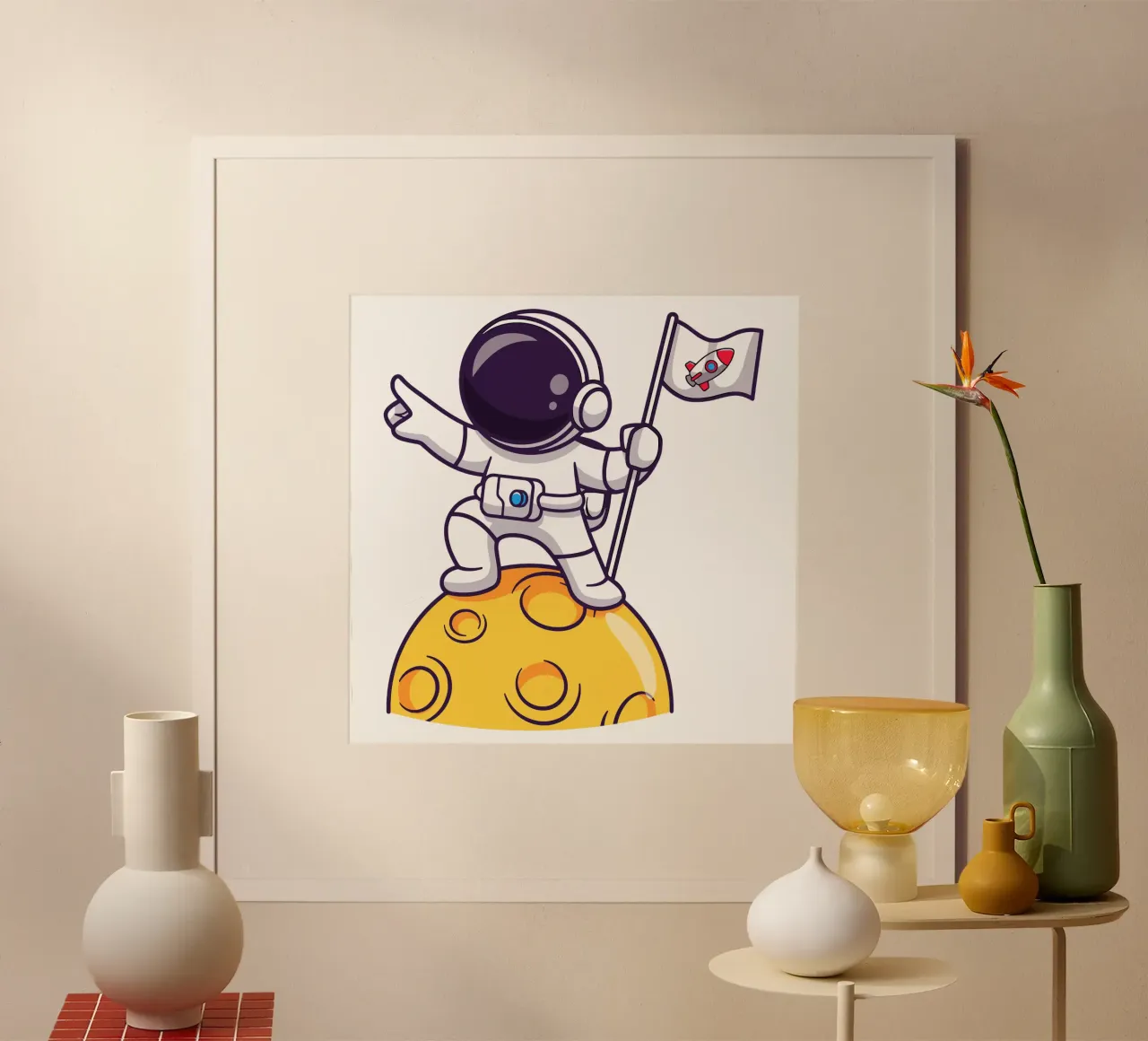 Carino l'astronauta che tiene la bandiera sulla luna poster con telaio in plastica da brockcon Shop