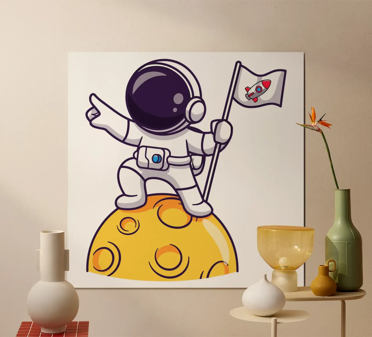 Carino l'astronauta che tiene la bandiera sulla luna poster con telaio in plastica da brockcon Shop
