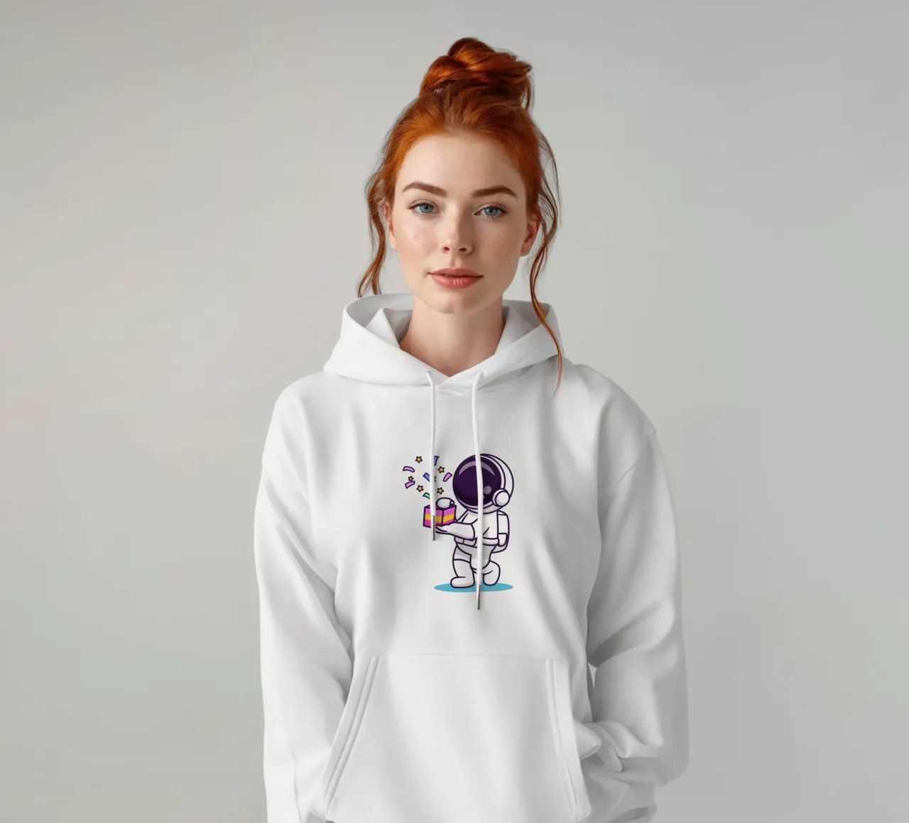 Simpatico astronauta con in mano una confezione regalo felpa con cappuccio da brockcon Shop