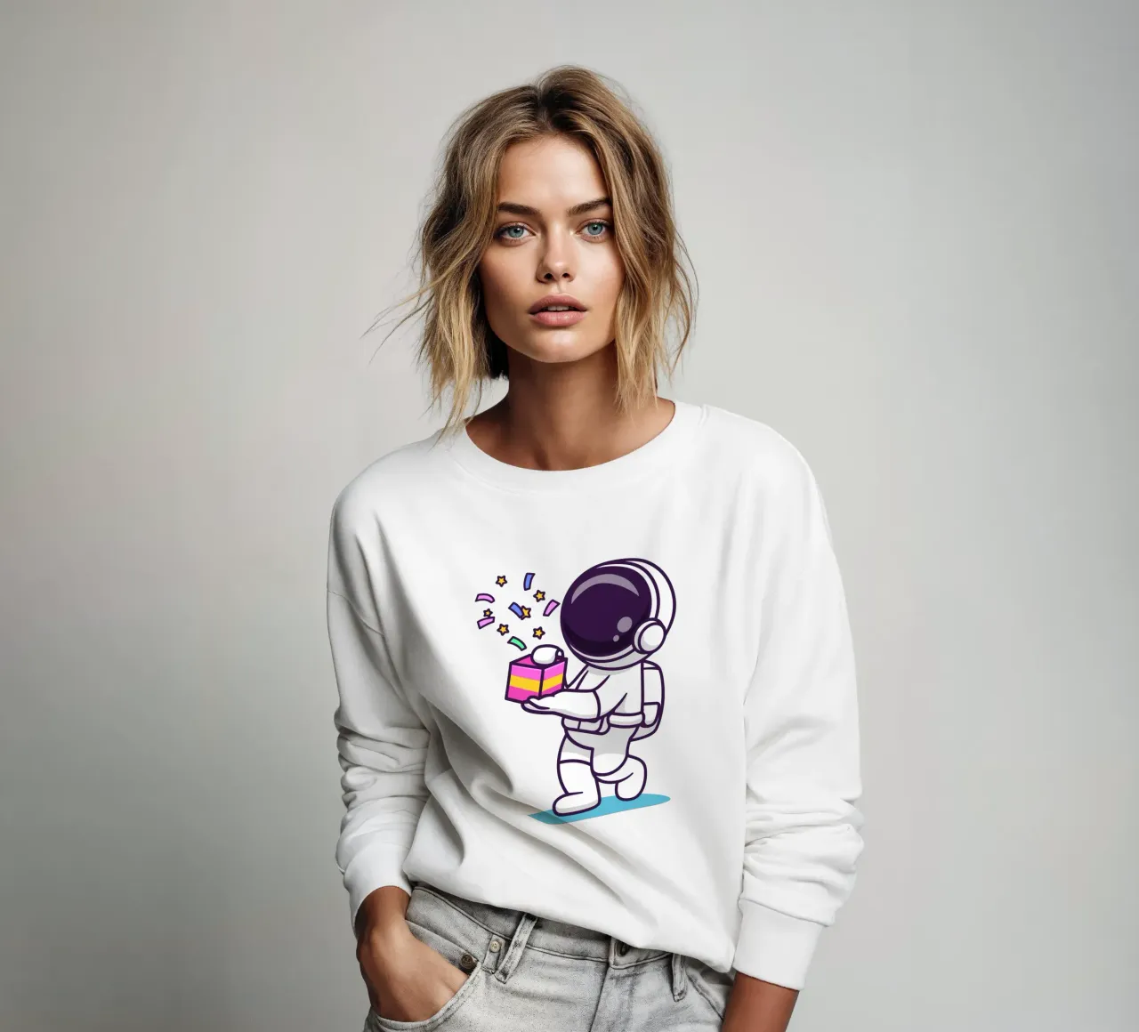 Simpatico astronauta con in mano una confezione regalo felpa da brockcon Shop