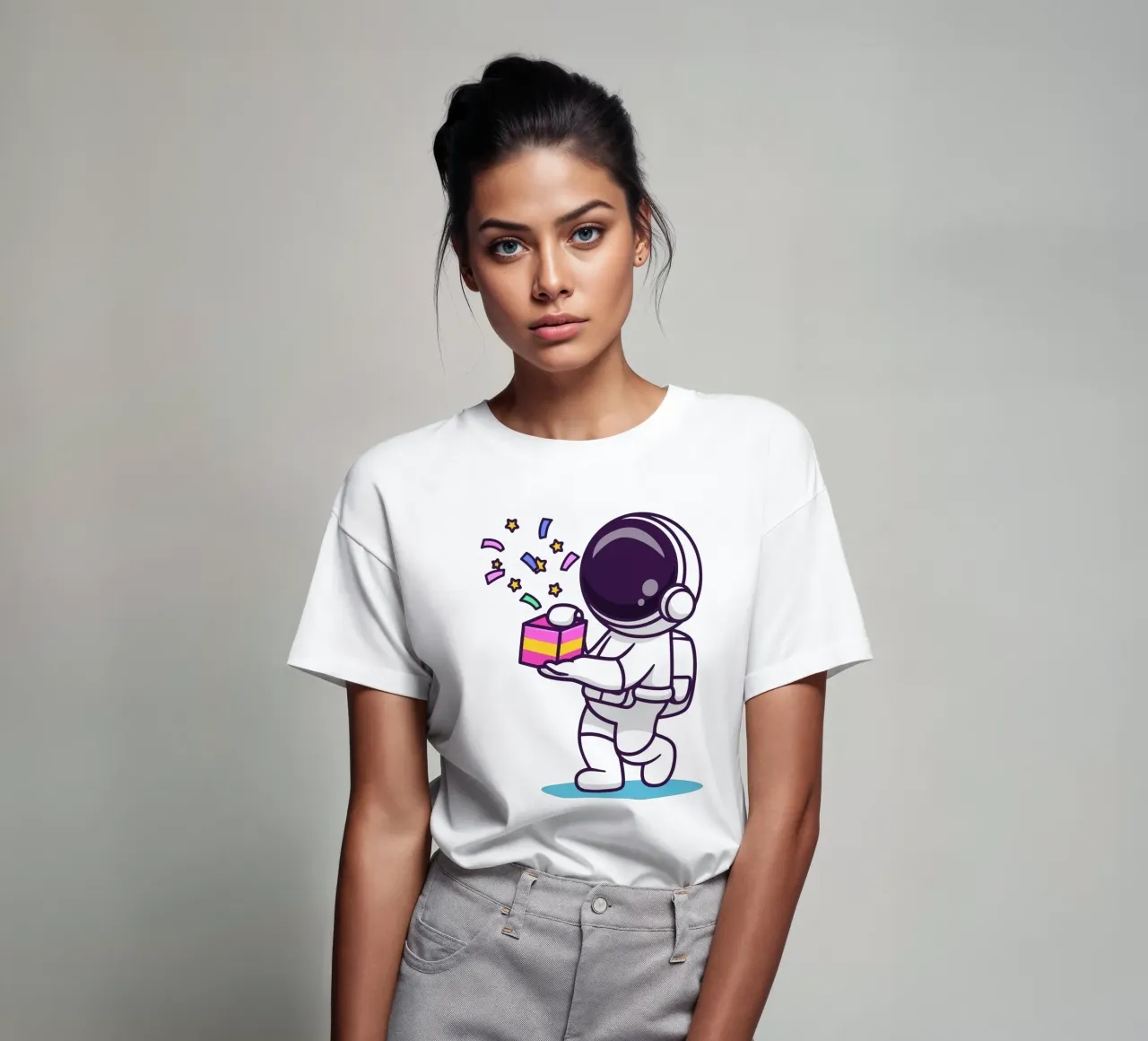 Simpatico astronauta con in mano una confezione regalo t-shirt da brockcon Shop