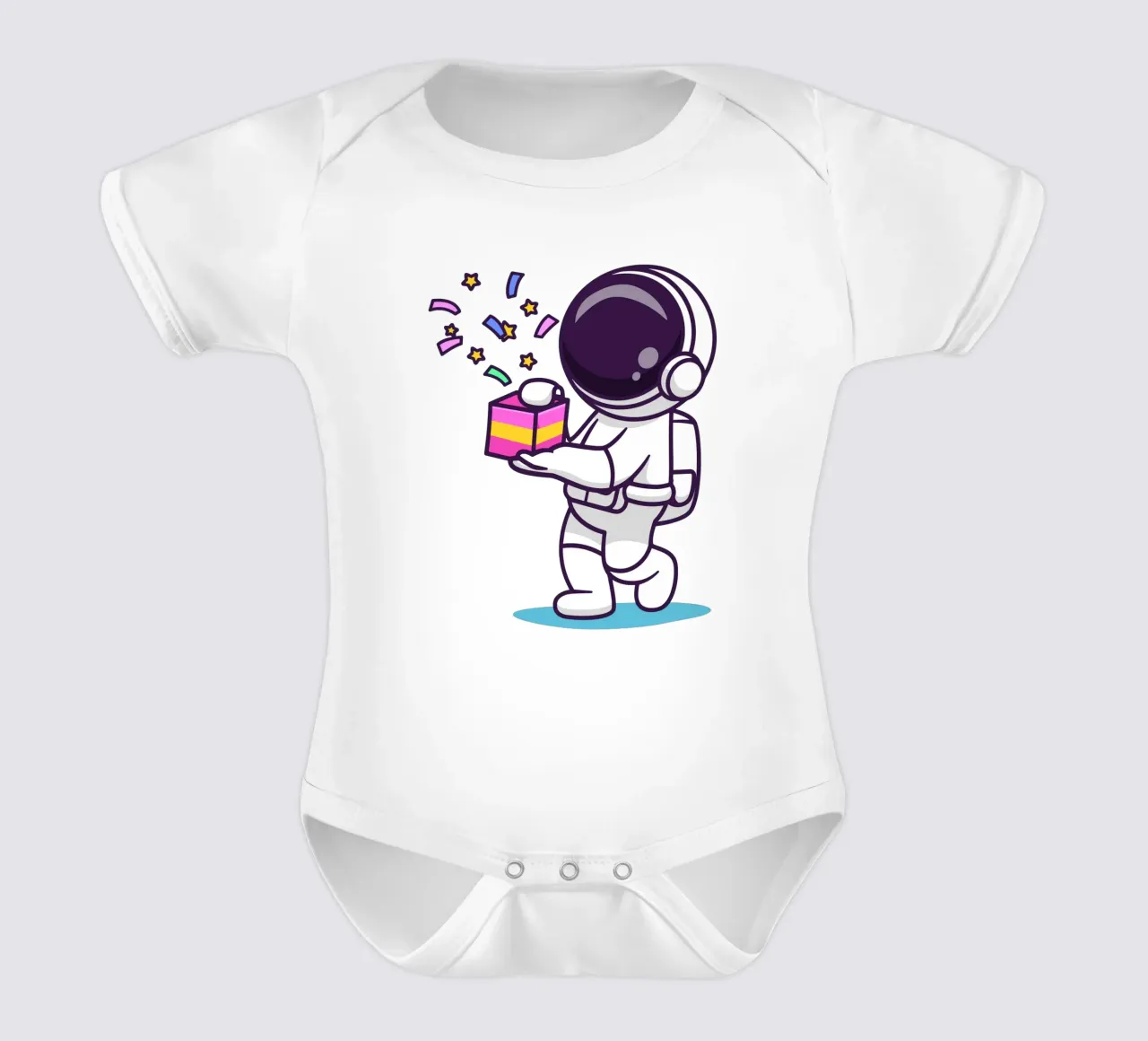 Simpatico astronauta con in mano una confezione regalo body neonato maniche corte da brockcon Shop