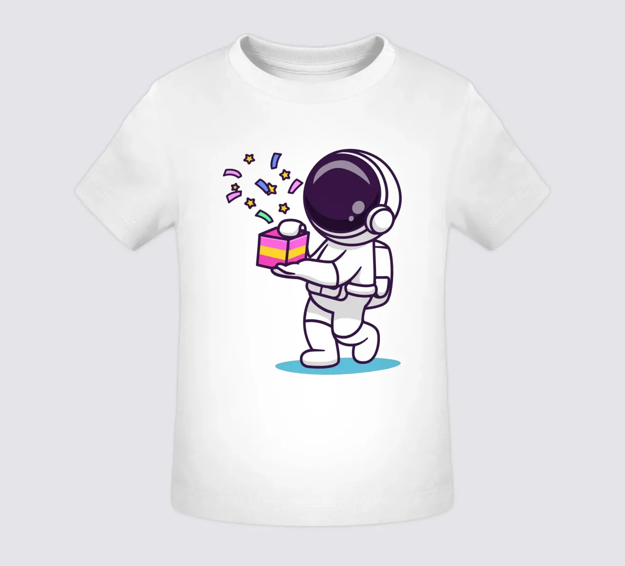 Simpatico astronauta con in mano una confezione regalo maglietta neonato da brockcon Shop