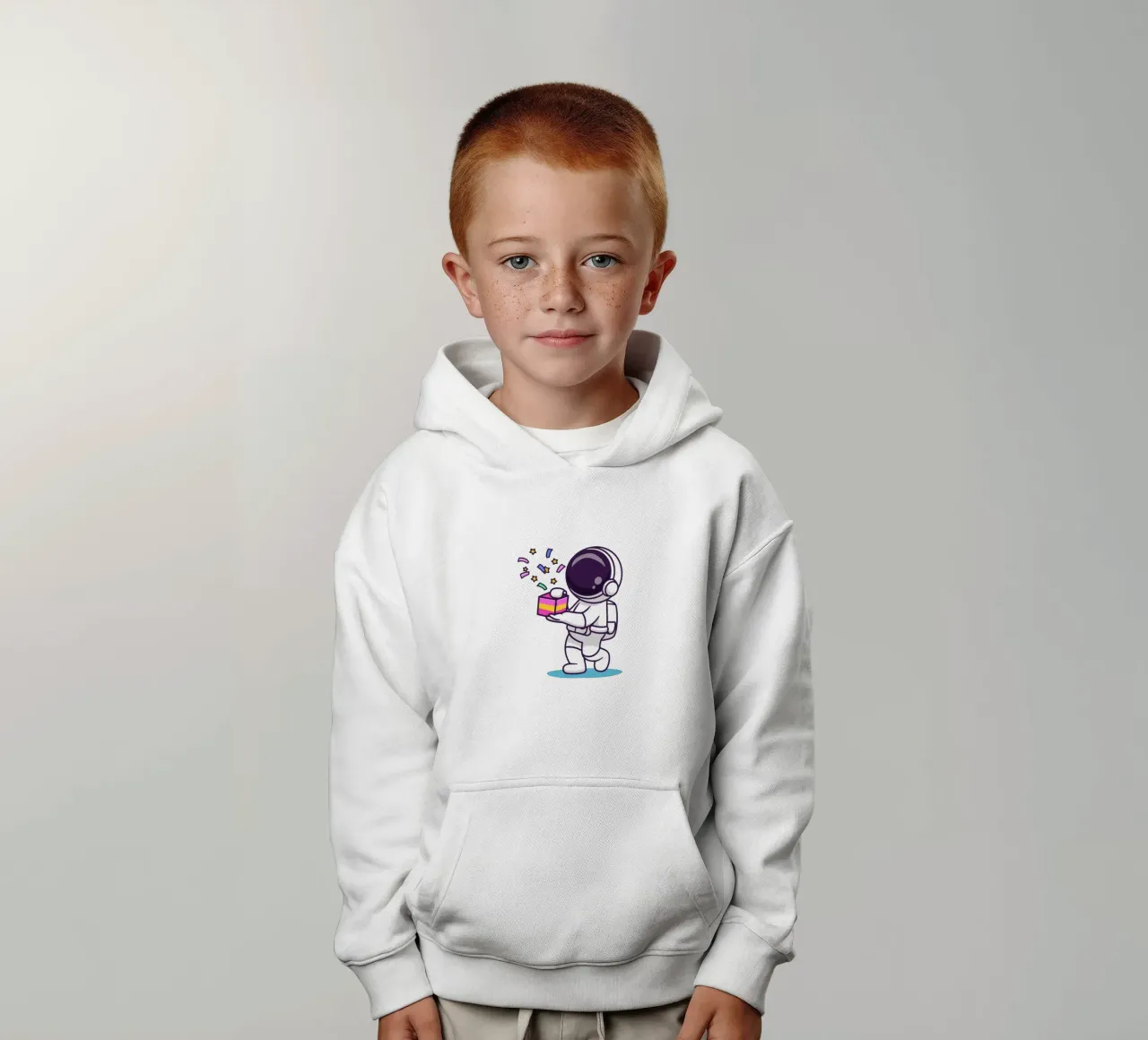 Simpatico astronauta con in mano una confezione regalo felpa bambino con cappuccio da brockcon Shop