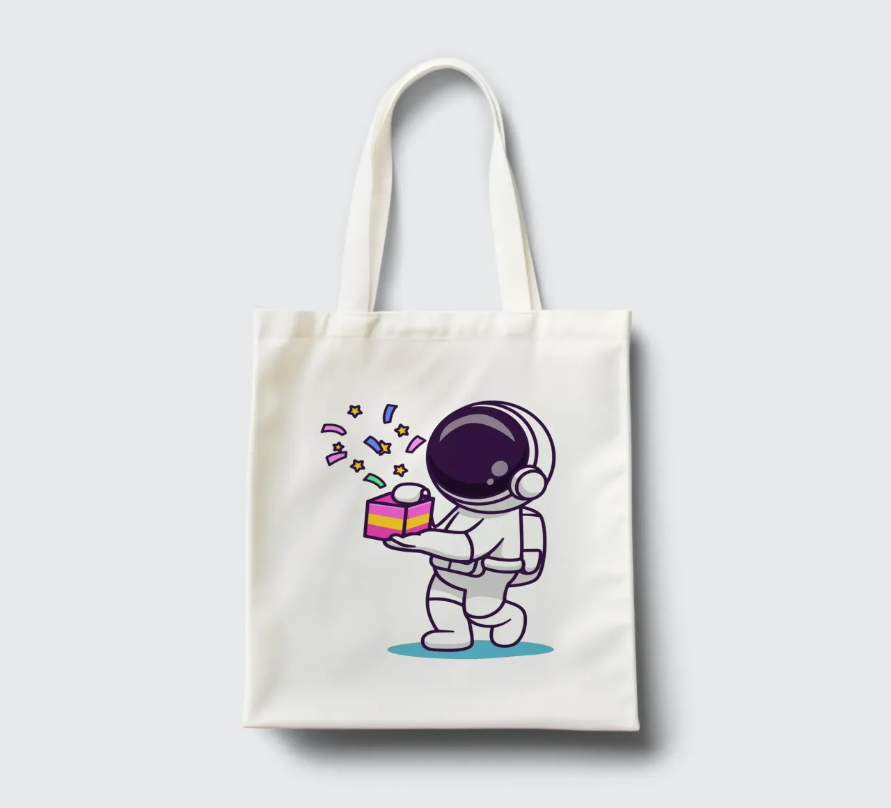 Simpatico astronauta con in mano una confezione regalo borsa in juta da brockcon Shop