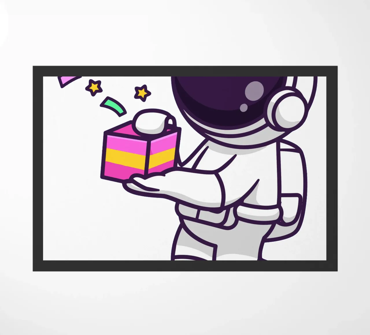 Simpatico astronauta con in mano una confezione regalo zerbino da brockcon Shop