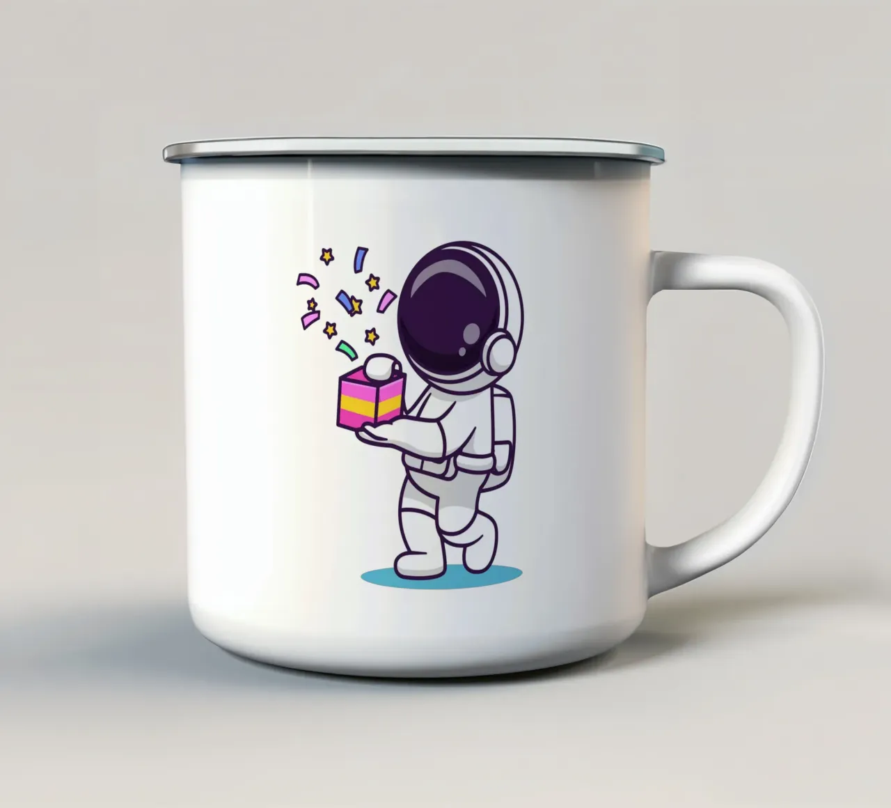Simpatico astronauta con in mano una confezione regalo tazza in smalto da brockcon Shop