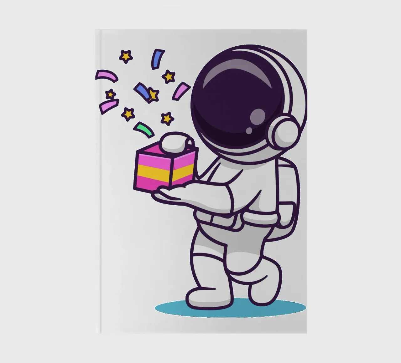 Simpatico astronauta con in mano una confezione regalo diario da brockcon Shop