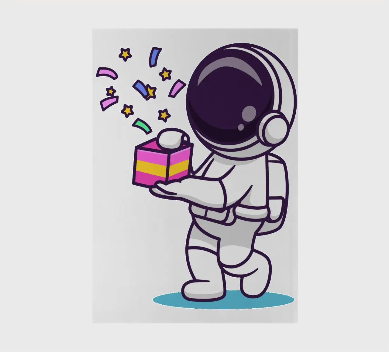 Simpatico astronauta con in mano una confezione regalo diario da brockcon Shop
