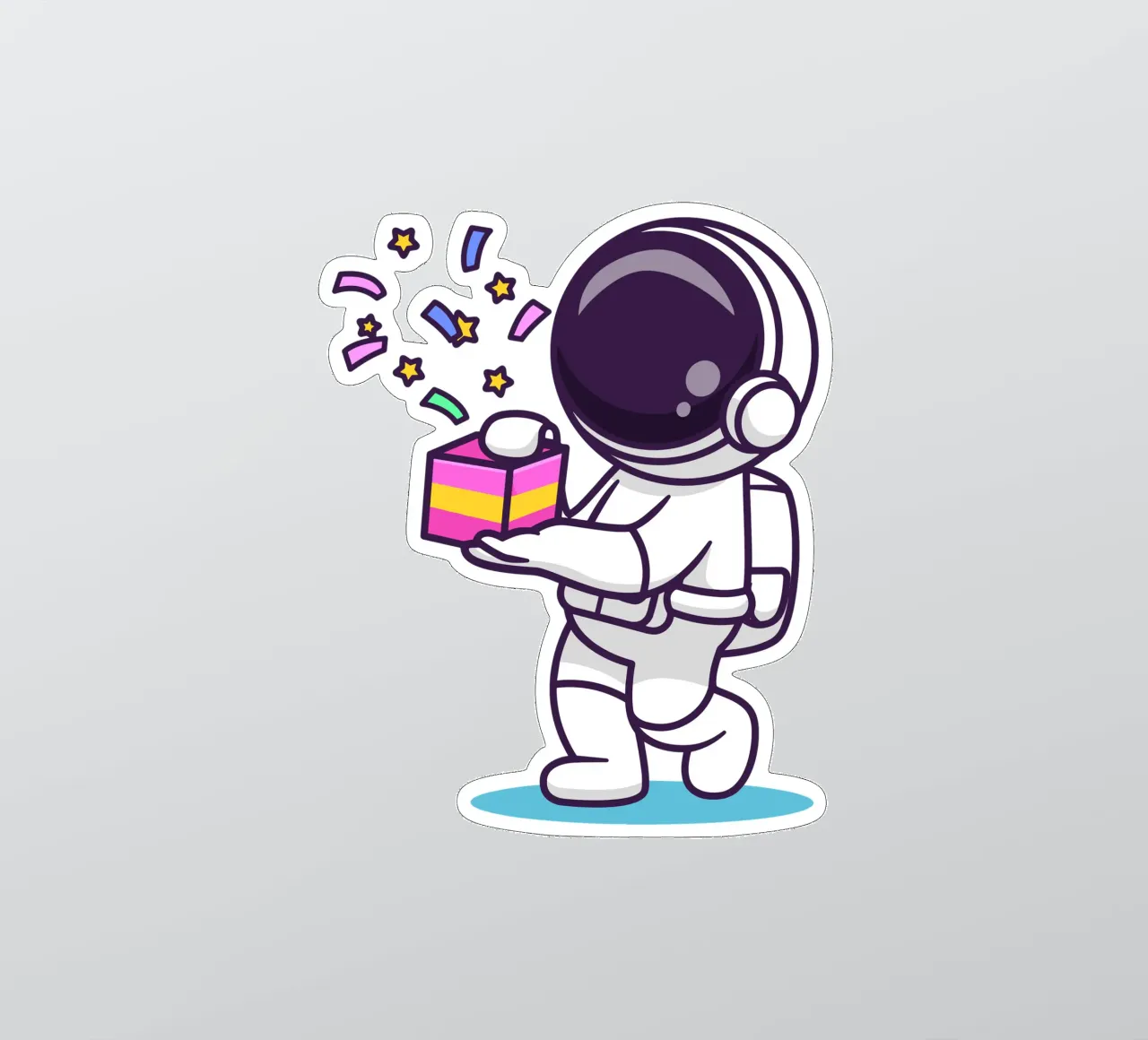 Simpatico astronauta con in mano una confezione regalo adesivo da brockcon Shop