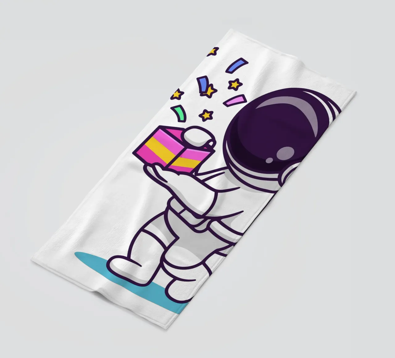 Simpatico astronauta con in mano una confezione regalo telo mare da brockcon Shop