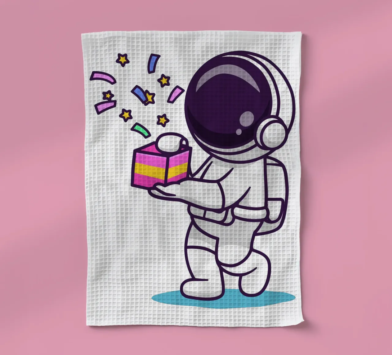 Simpatico astronauta con in mano una confezione regalo canovaccio da cucina da brockcon Shop