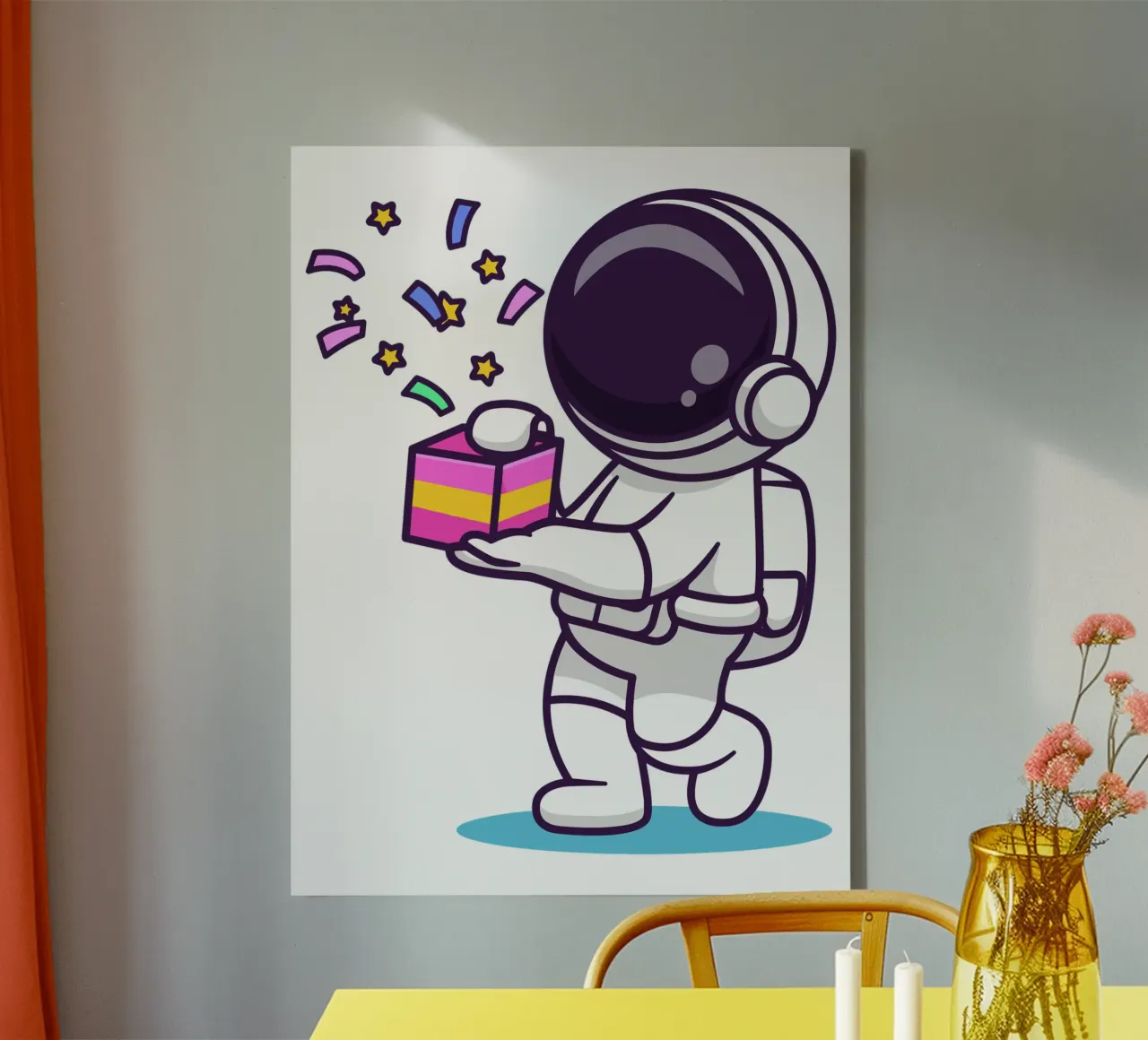 Simpatico astronauta con in mano una confezione regalo tela da brockcon Shop