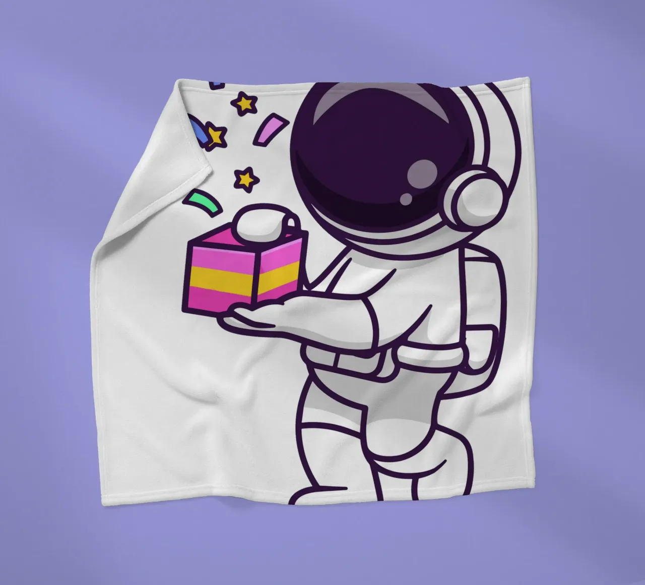 Simpatico astronauta con in mano una confezione regalo coperta in pile da brockcon Shop