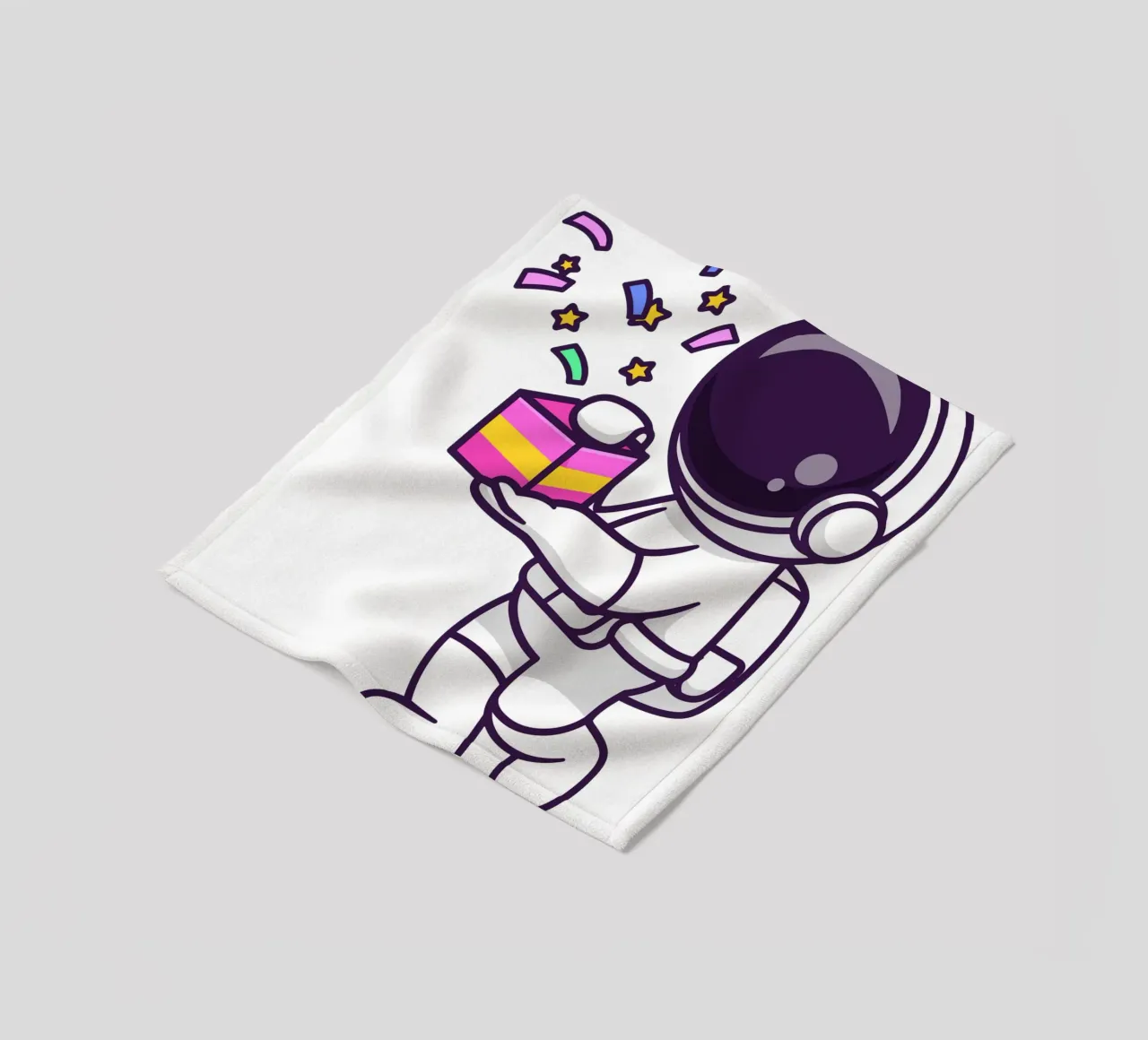 Simpatico astronauta con in mano una confezione regalo coperta in pile da brockcon Shop