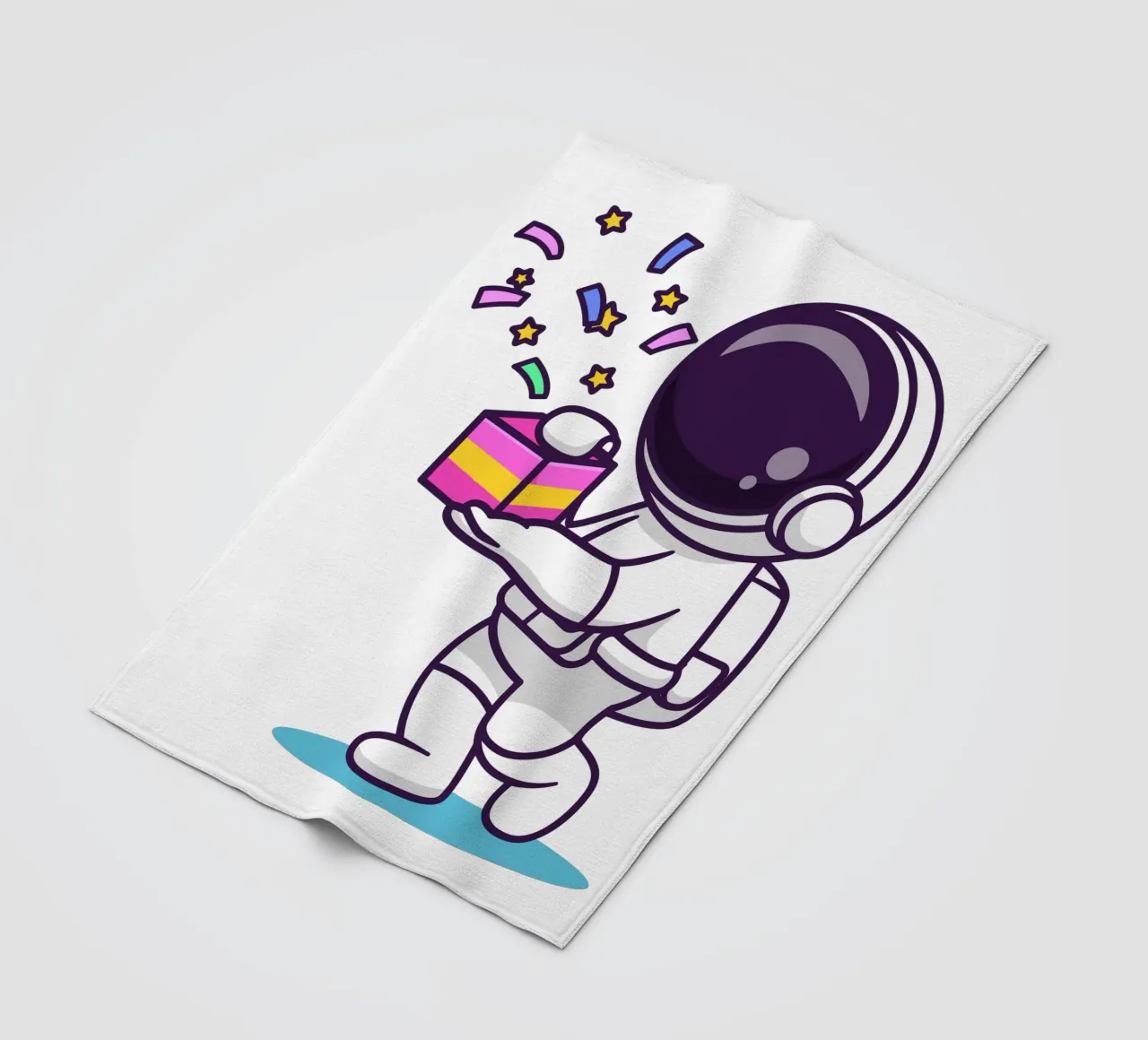 Simpatico astronauta con in mano una confezione regalo coperta in pile da brockcon Shop