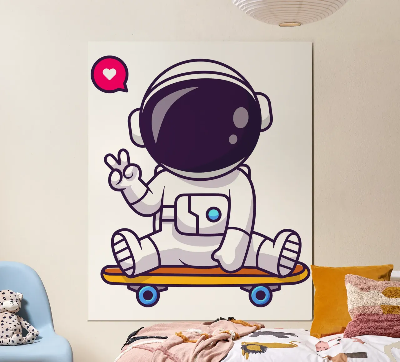 Carino il segno della pace dell'astronauta sullo skateboard poster con telaio in plastica da brockcon Shop