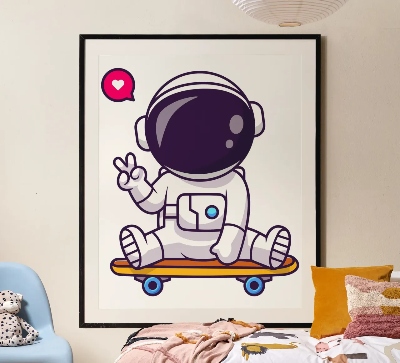 Carino il segno della pace dell'astronauta sullo skateboard poster con telaio in plastica da brockcon Shop