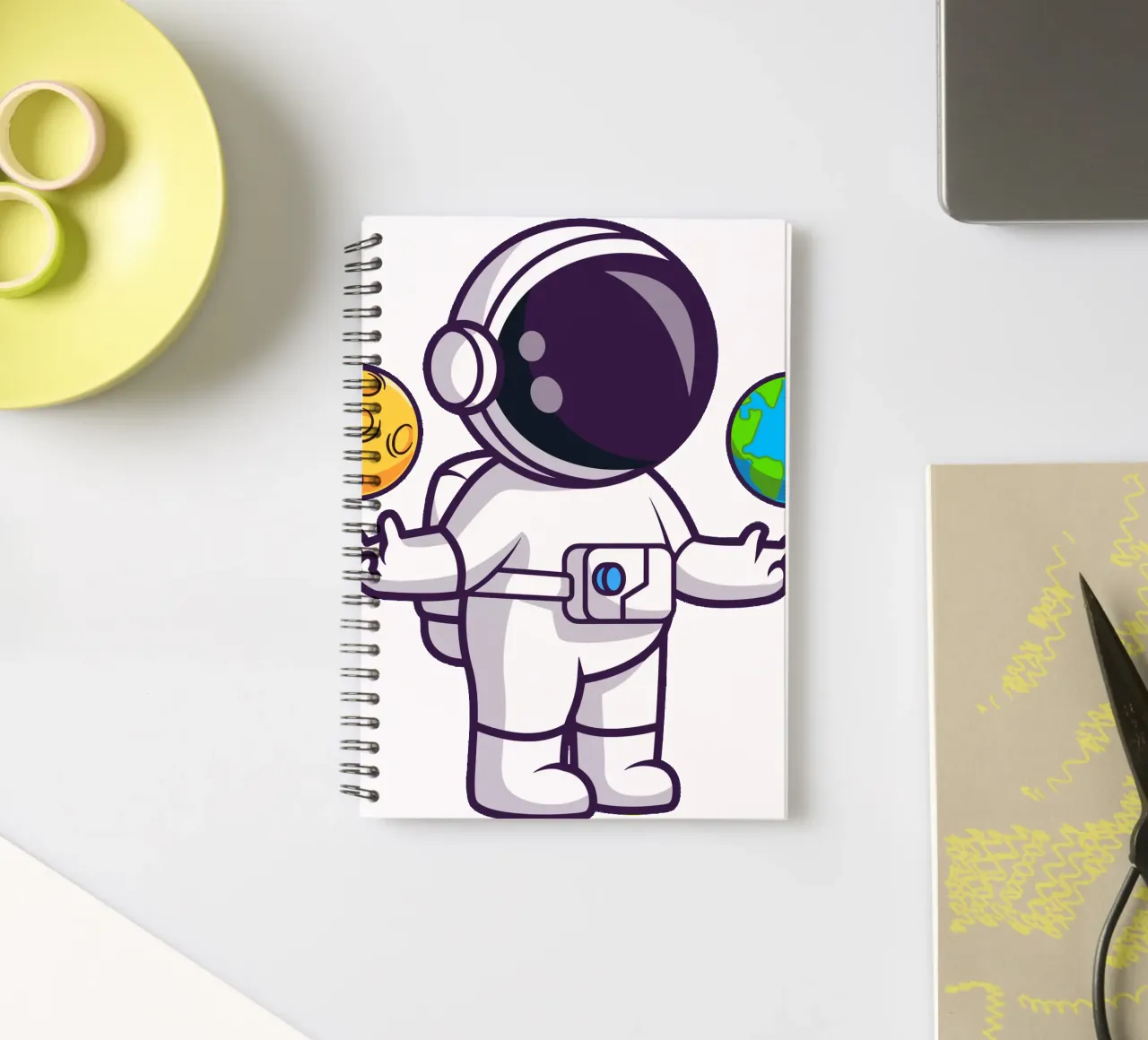Cute astronaut playing earth and moon ball spiral notebook by brockcon Shop
