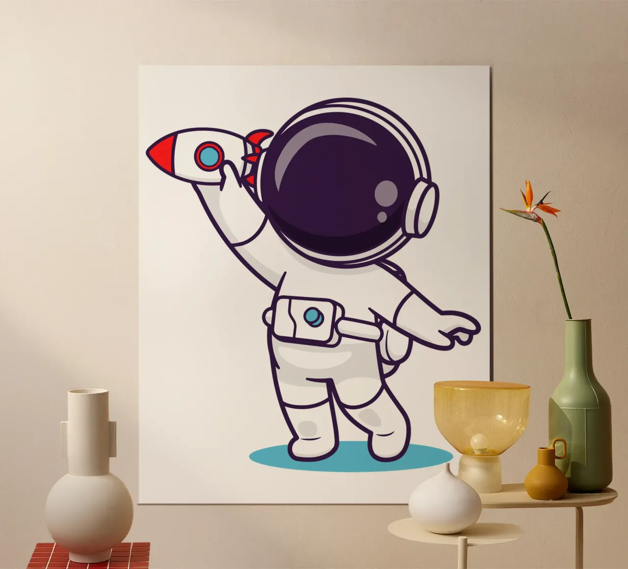 Carino l'astronauta che gioca con il razzo poster con telaio in alluminio da brockcon Shop