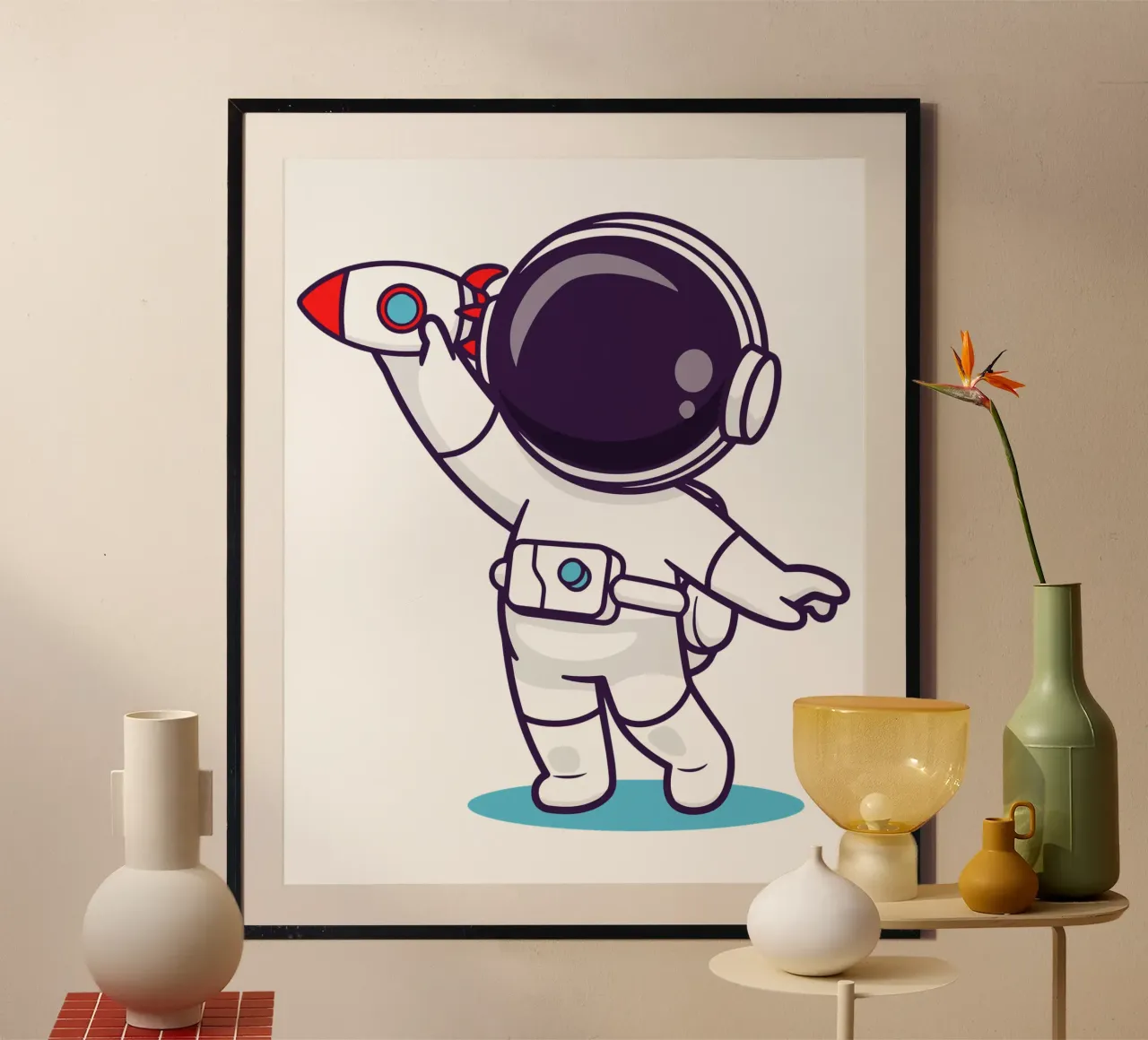 Carino l'astronauta che gioca con il razzo poster con telaio in alluminio da brockcon Shop