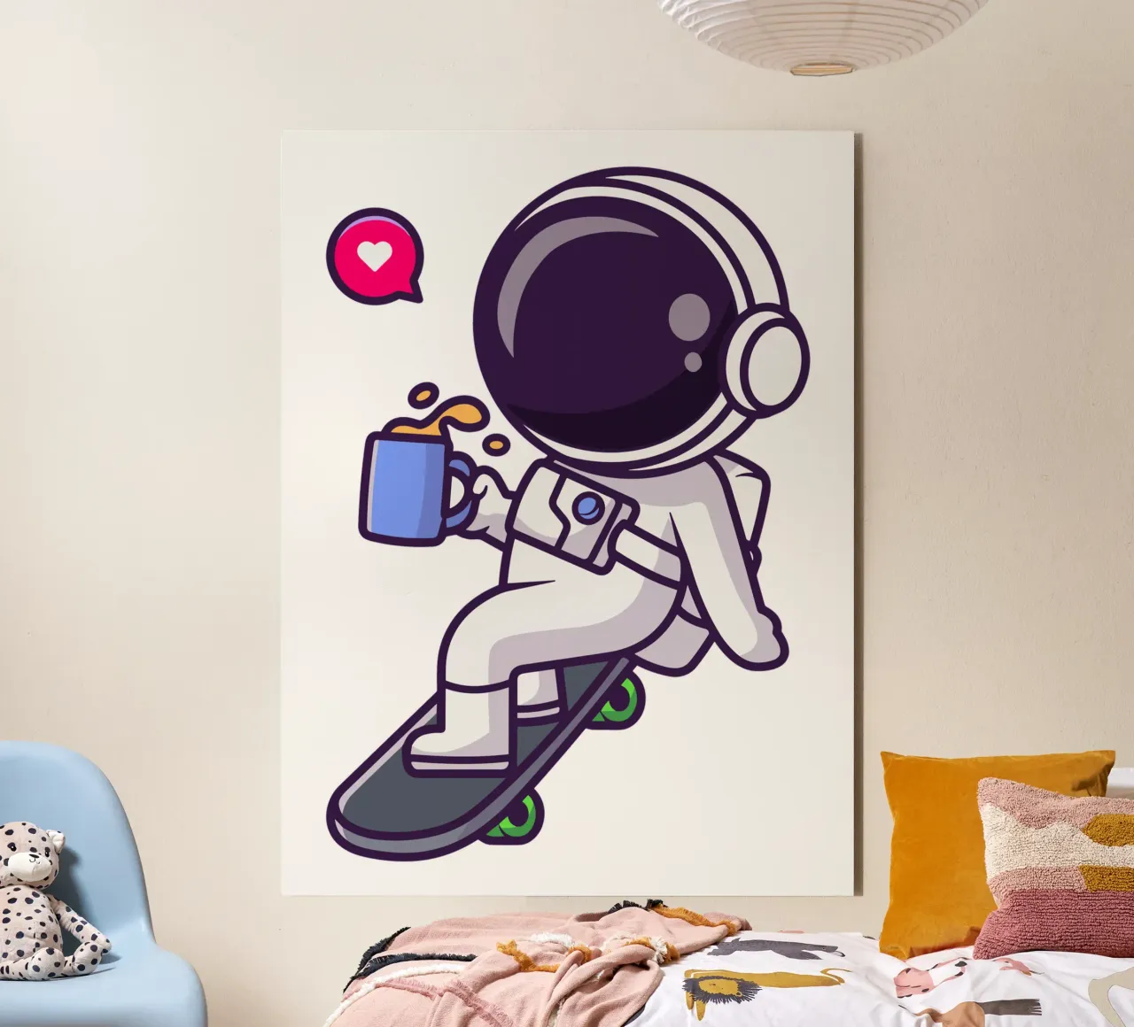 Astronauta carino che gioca con lo skateboard con il caffè alluminio dibond da brockcon Shop
