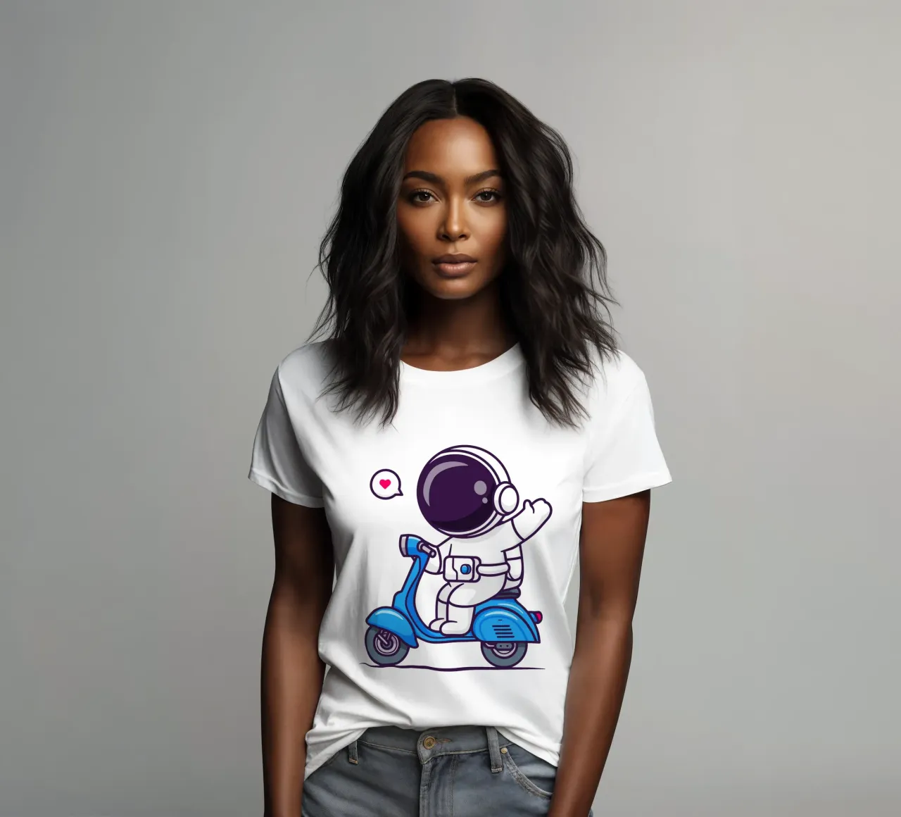 Cute astronaut waving hand on scooter women's fitted t-shirt by brockcon Shop