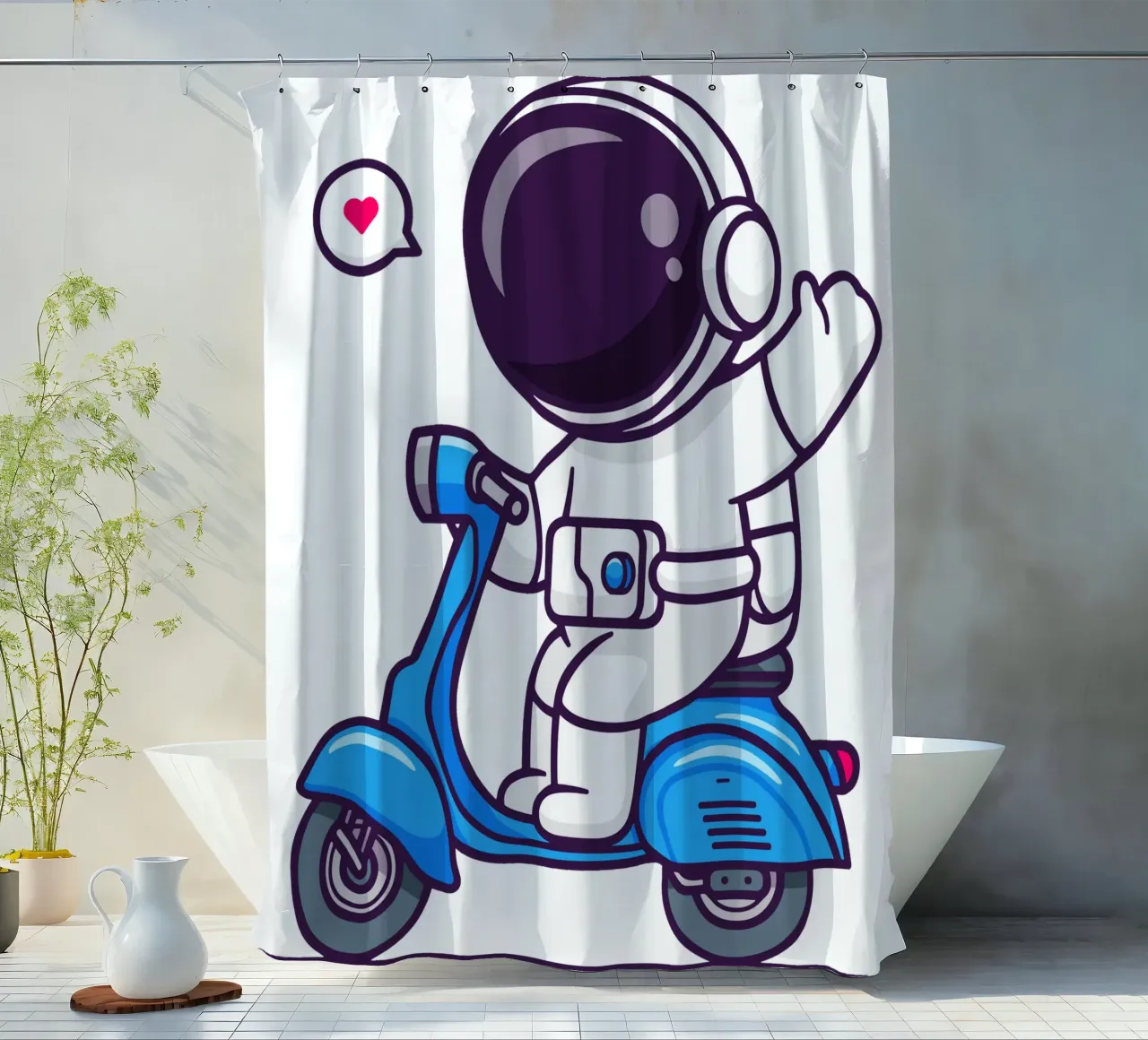 Lindo astronauta agitando la mano en scooter cortina de baño de brockcon Shop