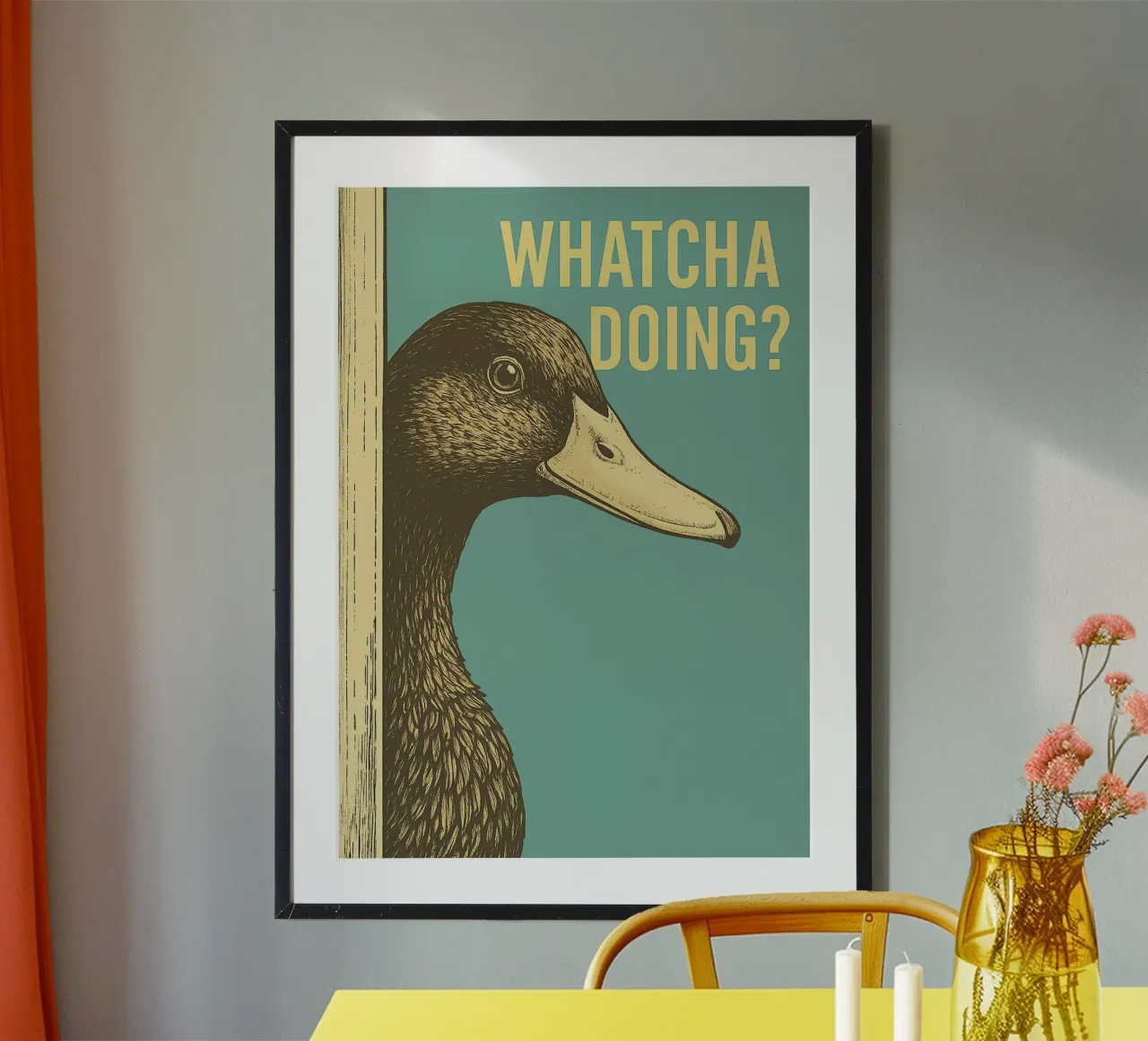 Funny Duck Whatcha Doing Funny Bathroom (en anglais) poster avec cadre en aluminium de the gindils