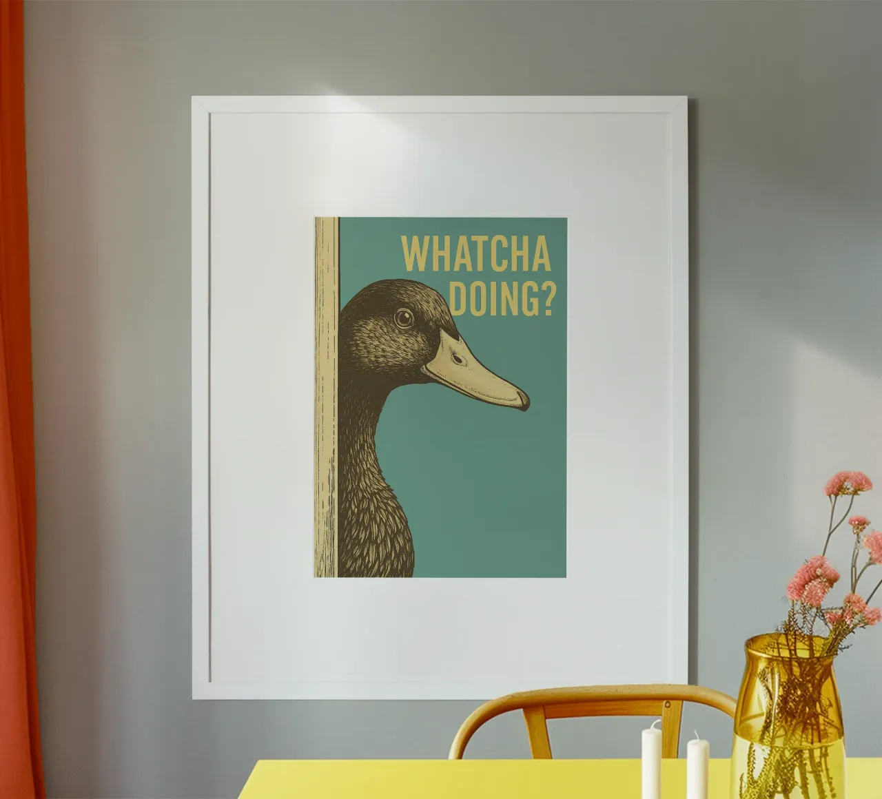 Funny Duck Whatcha Doing Funny Bathroom (en anglais) poster avec cadre en aluminium de the gindils