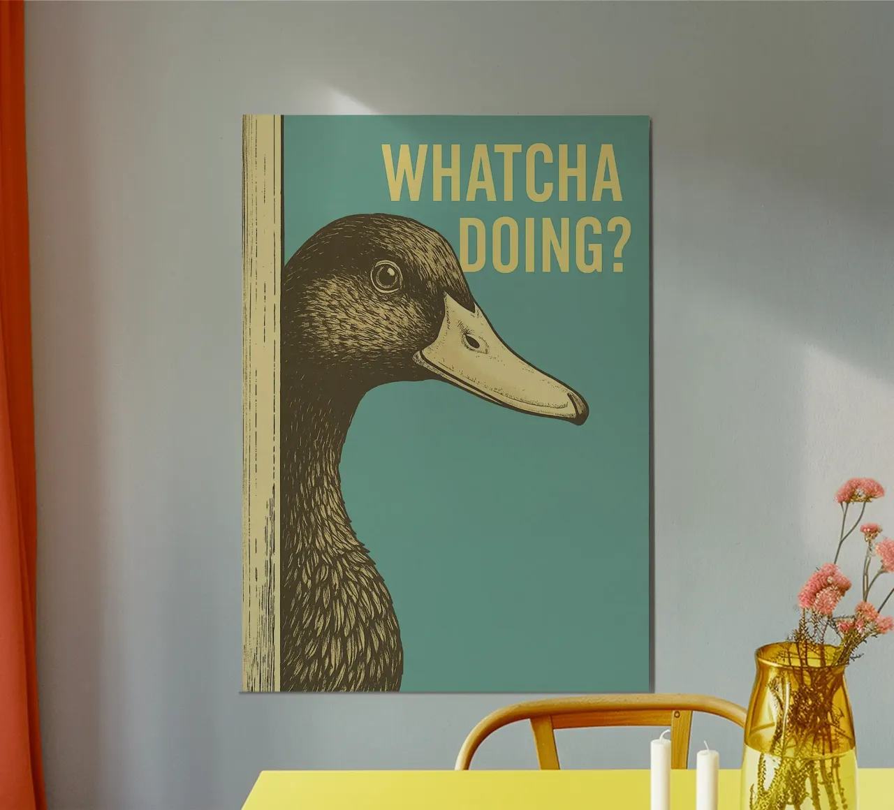 Funny Duck Whatcha Doing Funny Bathroom (en anglais) poster avec cadre en aluminium de the gindils