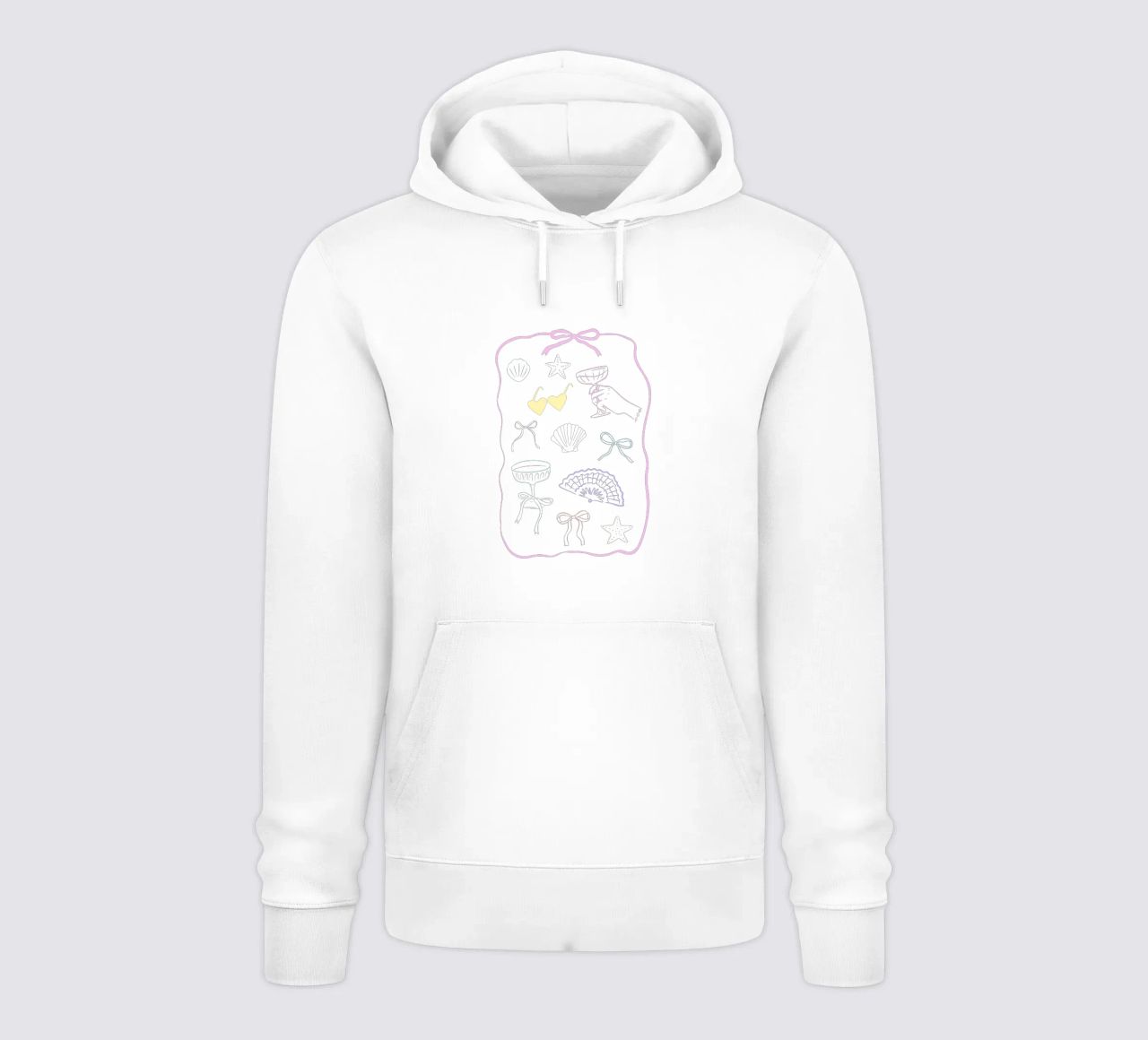 Estampado de verano con un bonito lazo, concha de mar, estampado de cóctel sudadera con capucha de Coquette Club