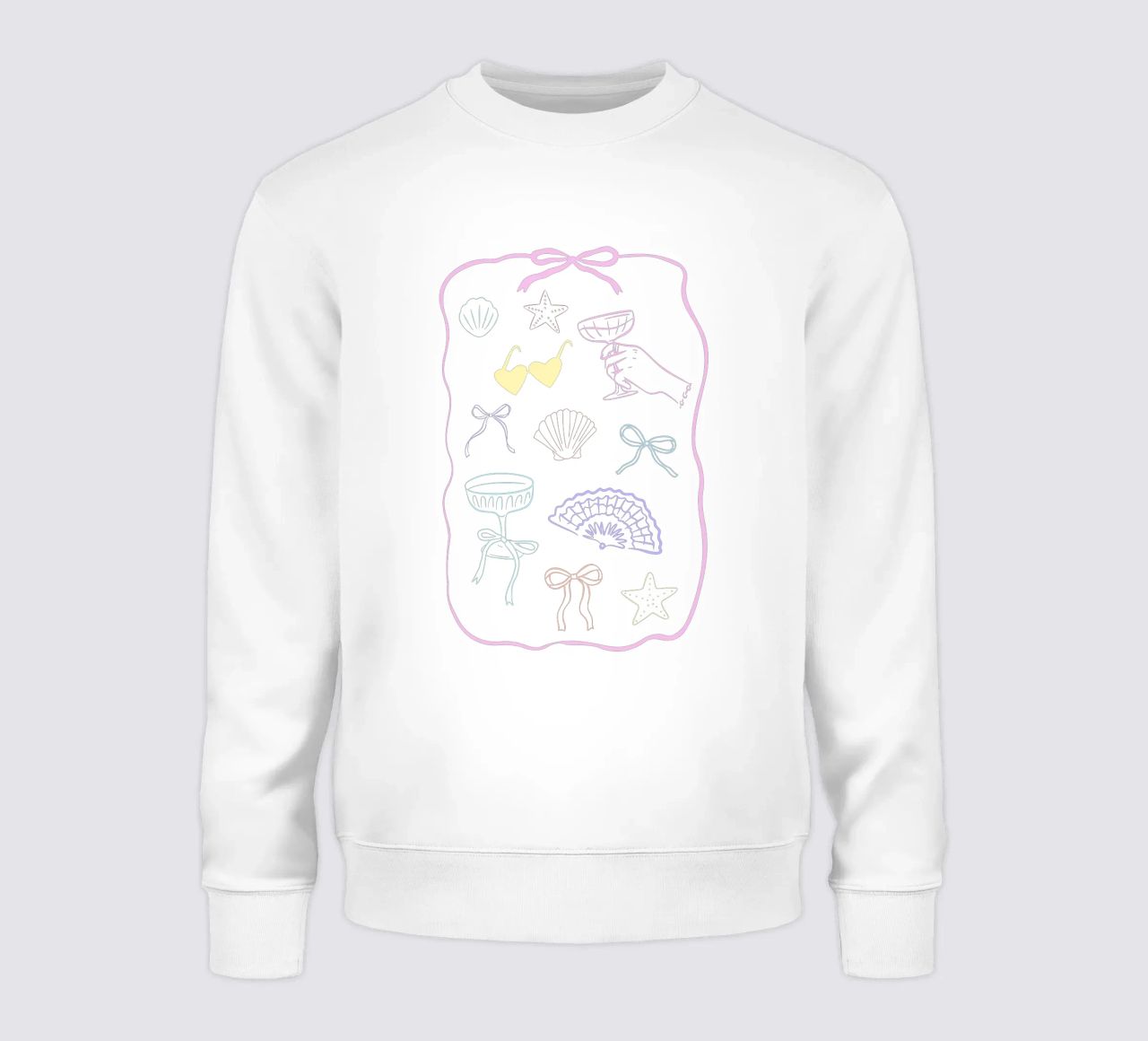 Estampado de verano con un bonito lazo, concha de mar, estampado de cóctel sudadera de Coquette Club