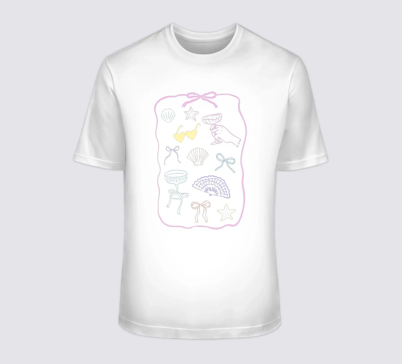 Estampado de verano con un bonito lazo, concha de mar, estampado de cóctel camiseta de Coquette Club