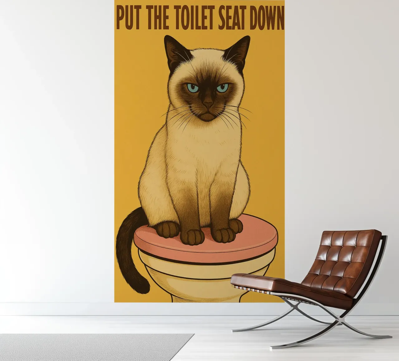 Legen Sie den Toilettensitz nach unten Katze lustig Badezimmer Fototapete von the gindils