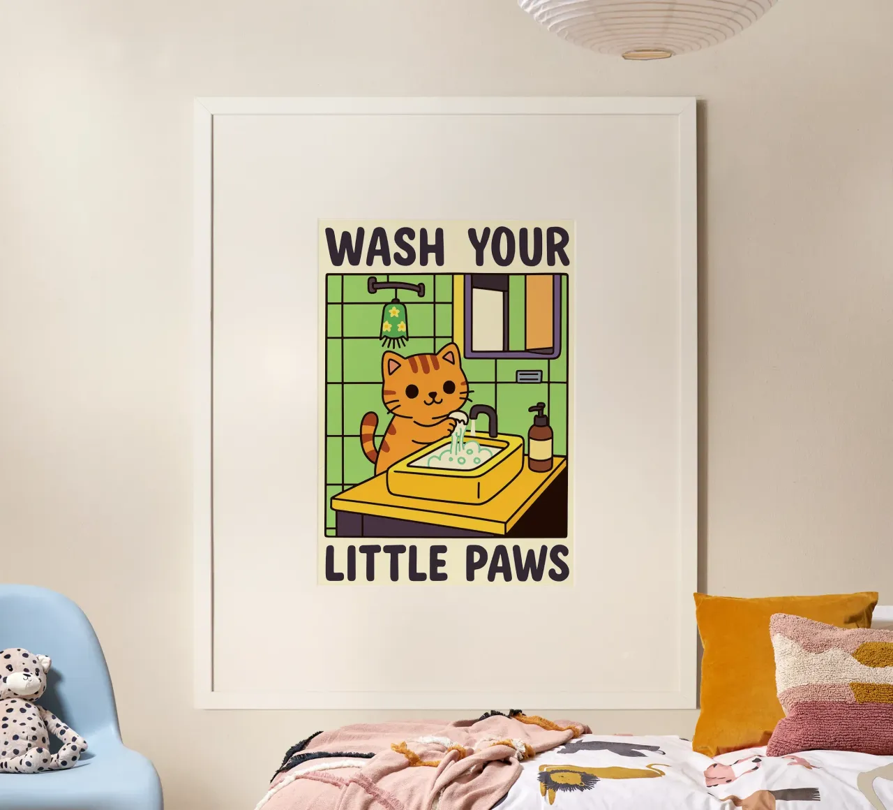 Waschen Sie Ihre Pfoten Katze lustig Badezimmer Kunst Design Poster mit Kunststoffrahmen von the gindils