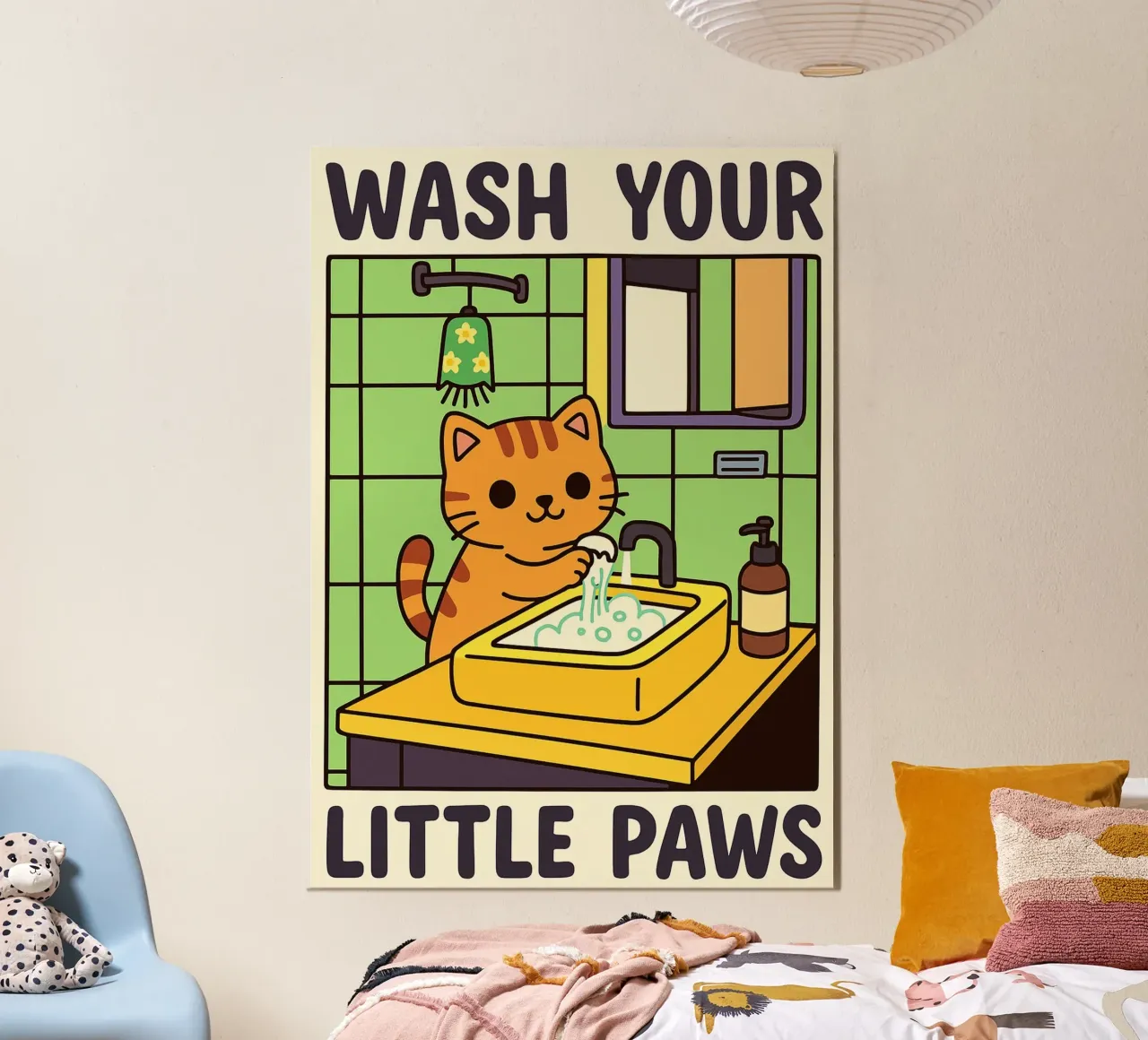 Waschen Sie Ihre Pfoten Katze lustig Badezimmer Kunst Design Poster mit Kunststoffrahmen von the gindils