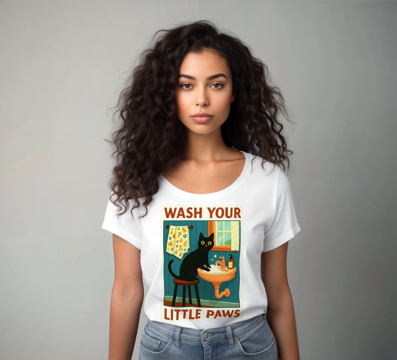 Wash your Paws Black Cat Funny Bathroom Art (Lavez vos pattes, chat noir, art de la salle de bain) t-shirt ajusté pour femmes de the gindils
