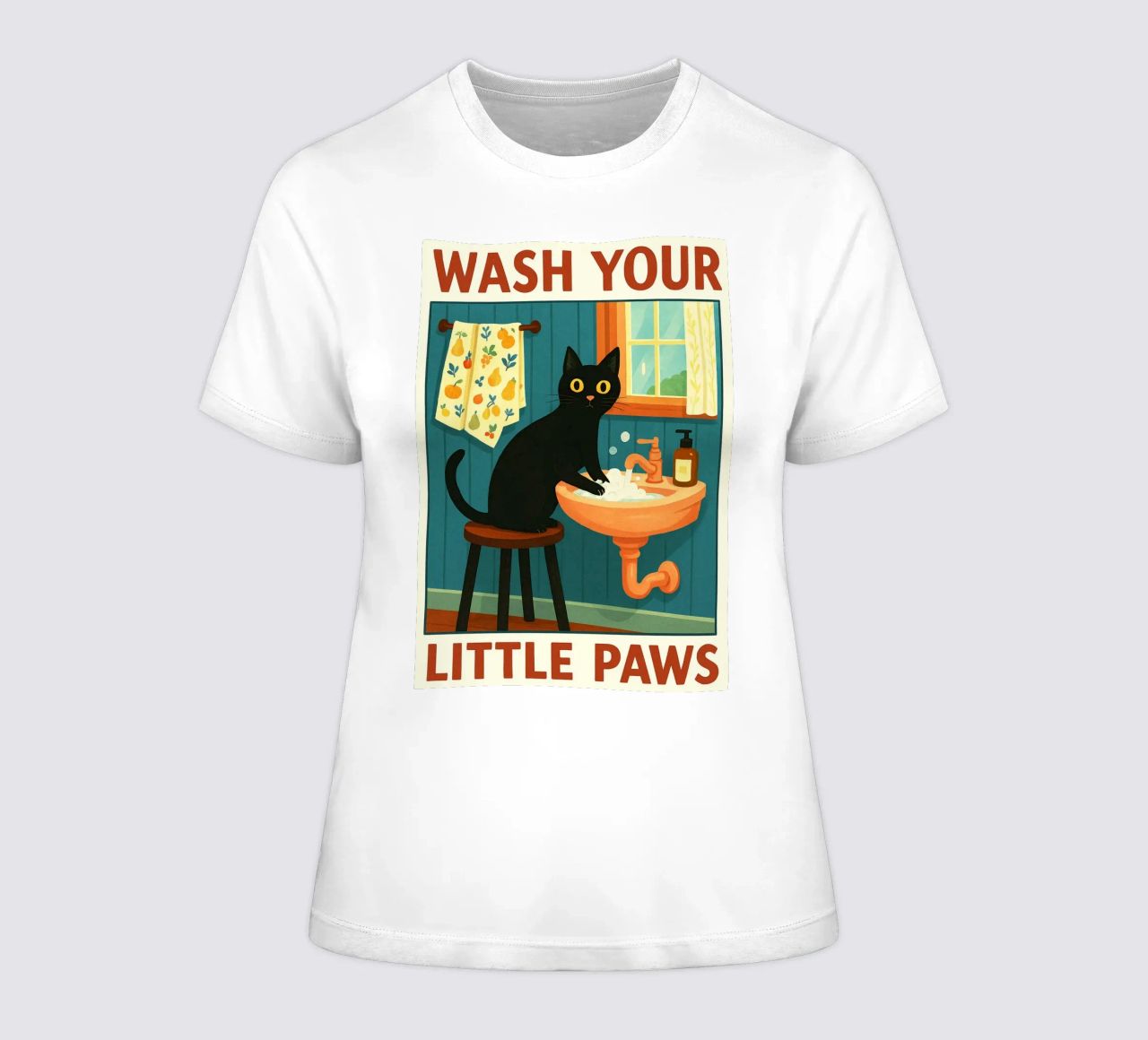 Wash your Paws Black Cat Funny Bathroom Art (Lavez vos pattes, chat noir, art de la salle de bain) t-shirt ajusté pour femmes de the gindils