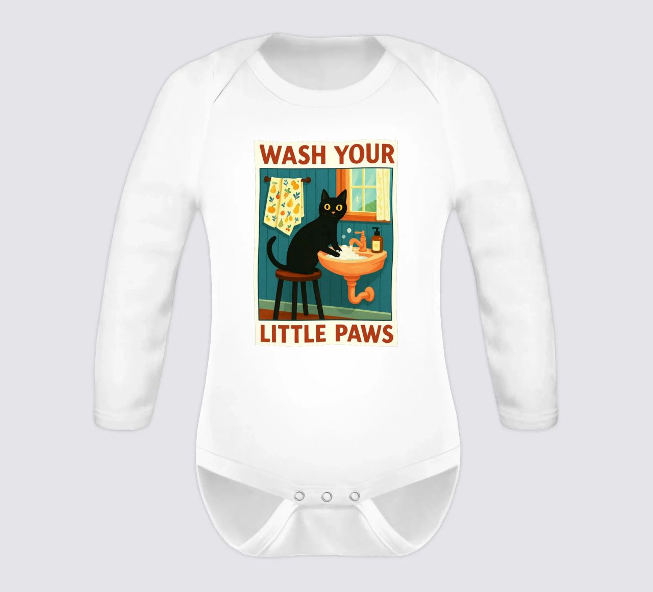 Wash your Paws Black Cat Funny Bathroom Art (Lavez vos pattes, chat noir, art de la salle de bain) body manches longues de the gindils