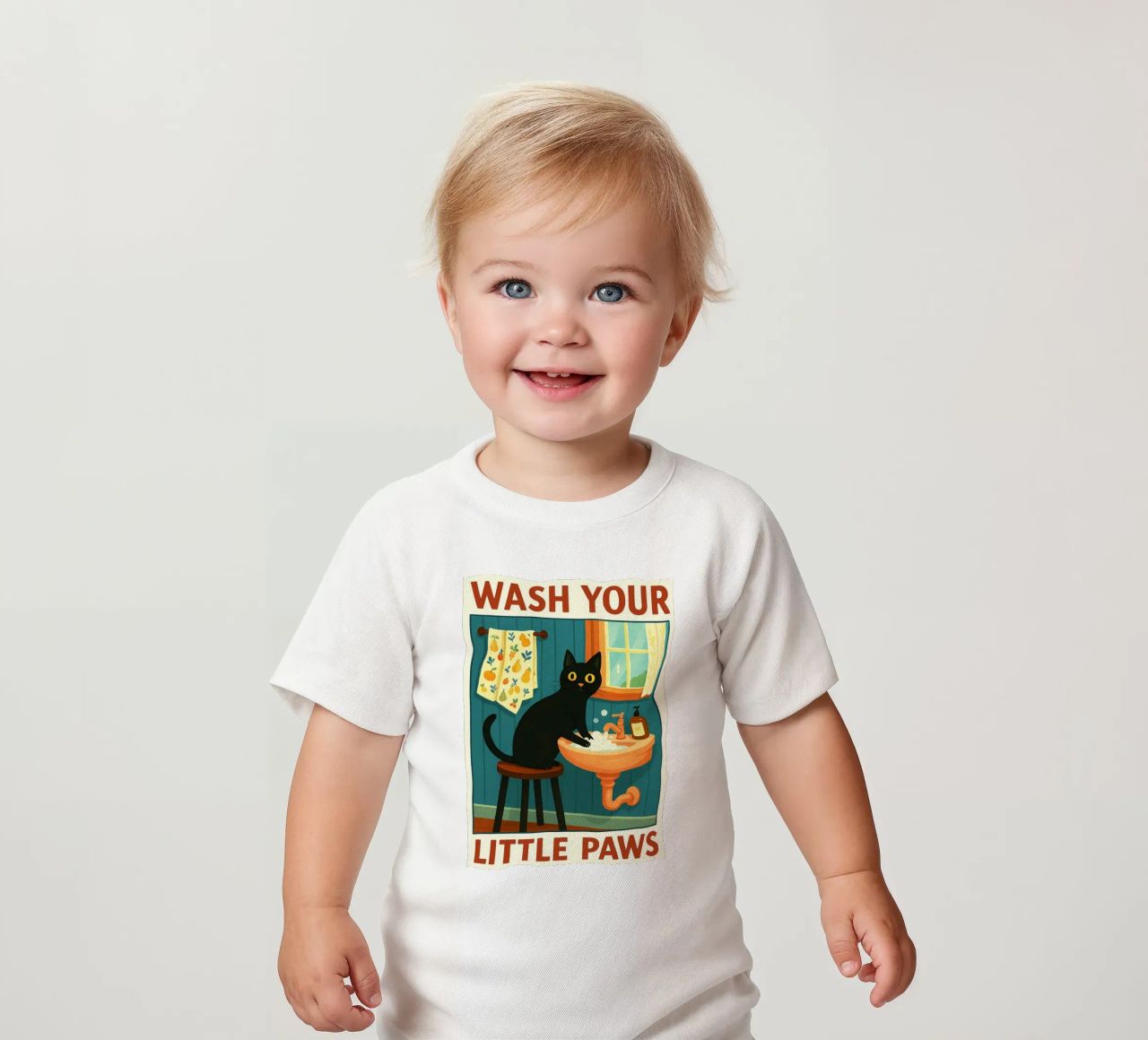 Wash your Paws Black Cat Funny Bathroom Art (Lavez vos pattes, chat noir, art de la salle de bain) t-shirt pour bébé de the gindils