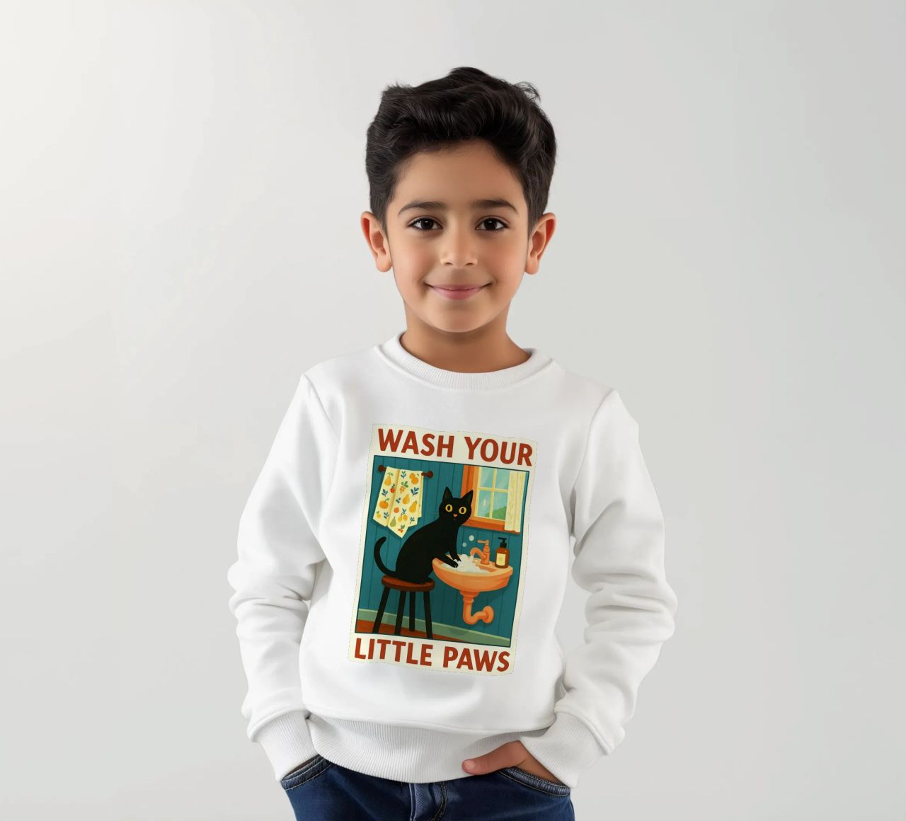 Wash your Paws Black Cat Funny Bathroom Art (Lavez vos pattes, chat noir, art de la salle de bain) sweat enfant de the gindils