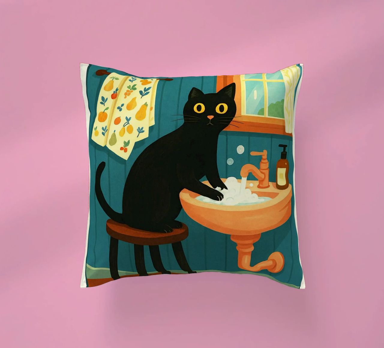 Wash your Paws Black Cat Funny Bathroom Art (Lavez vos pattes, chat noir, art de la salle de bain) coussin de the gindils