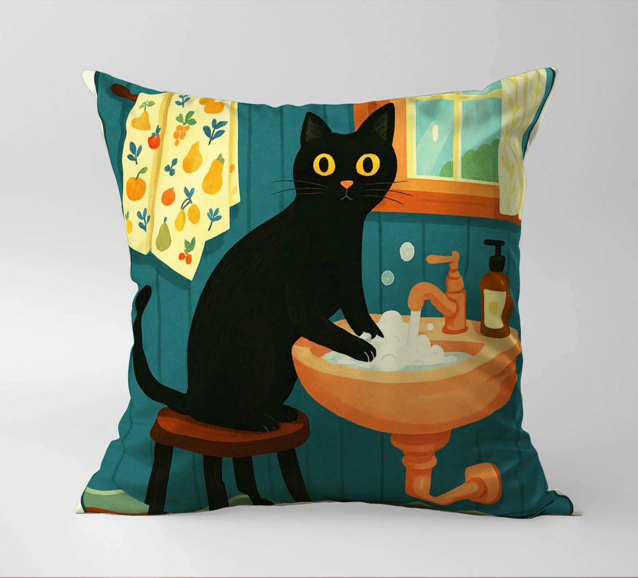 Wash your Paws Black Cat Funny Bathroom Art (Lavez vos pattes, chat noir, art de la salle de bain) coussin de the gindils