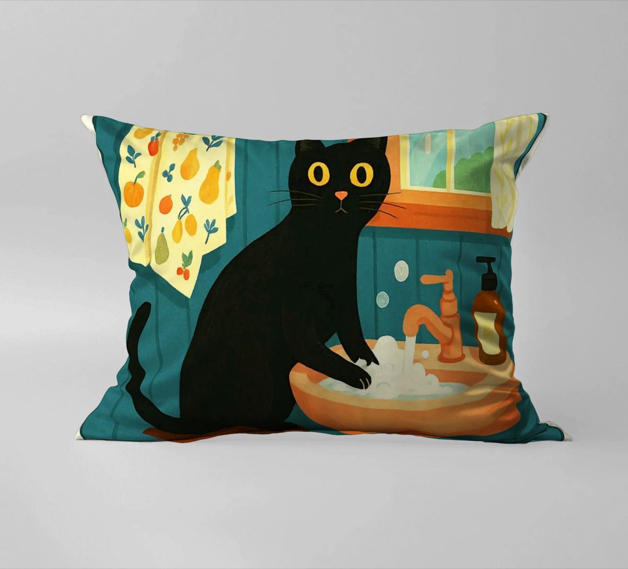Wash your Paws Black Cat Funny Bathroom Art (Lavez vos pattes, chat noir, art de la salle de bain) coussin de the gindils