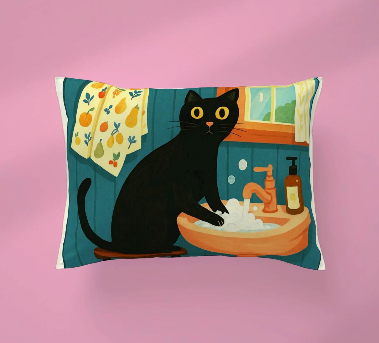 Wash your Paws Black Cat Funny Bathroom Art (Lavez vos pattes, chat noir, art de la salle de bain) coussin de the gindils