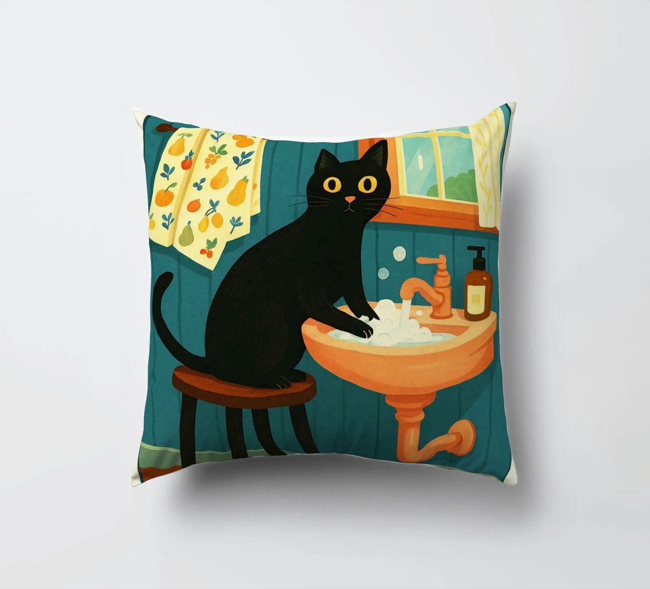 Wash your Paws Black Cat Funny Bathroom Art (Lavez vos pattes, chat noir, art de la salle de bain) coussin de the gindils