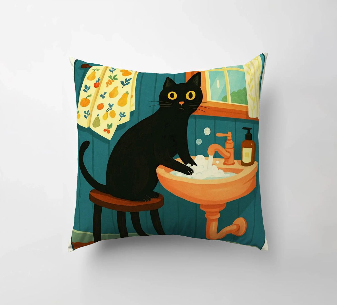 Wash your Paws Black Cat Funny Bathroom Art (Lavez vos pattes, chat noir, art de la salle de bain) coussin de the gindils