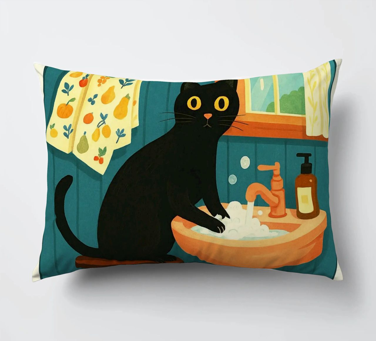 Wash your Paws Black Cat Funny Bathroom Art (Lavez vos pattes, chat noir, art de la salle de bain) coussin de the gindils