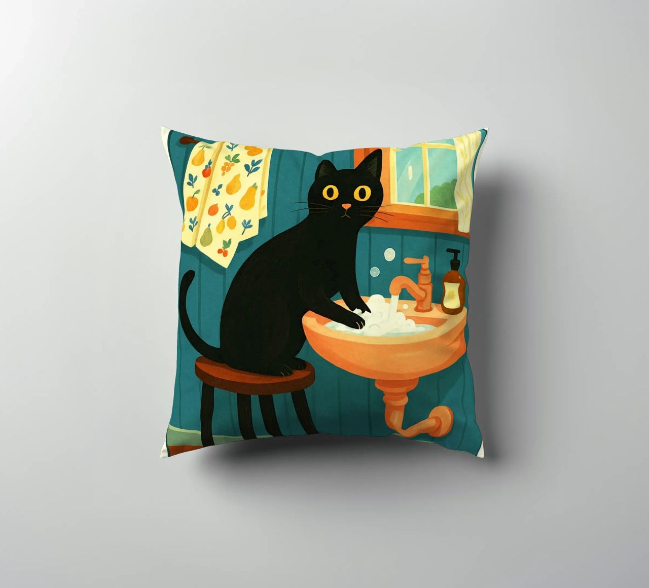 Wash your Paws Black Cat Funny Bathroom Art (Lavez vos pattes, chat noir, art de la salle de bain) coussin de the gindils